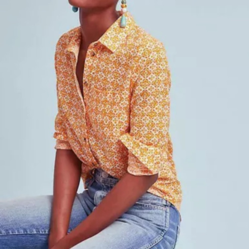 Maeve Anthropologie Button Down Shirt Sz 8 Orange White along Sleeve Geometric